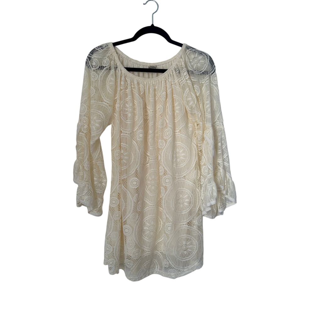 WinWin Full Lace Tunic Top Size L-XL Ivory Crochet Bell Sleeve Bohemian Peasant